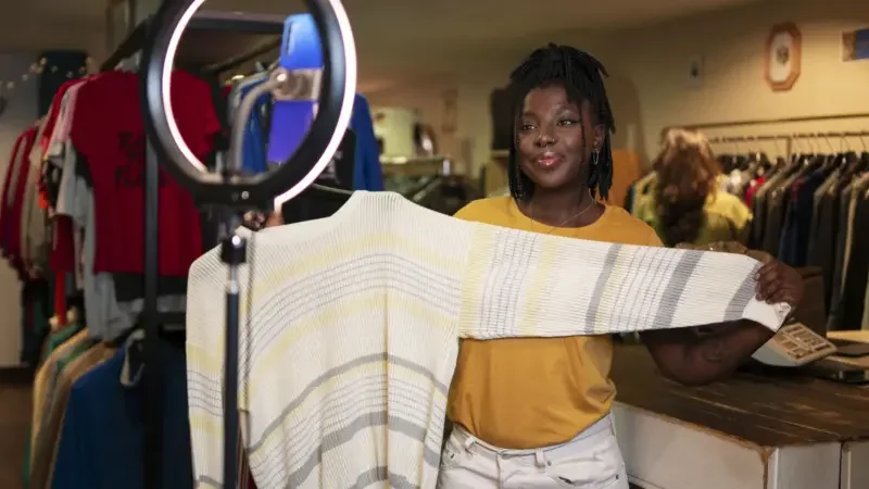 A woman showing off some clothing designs.